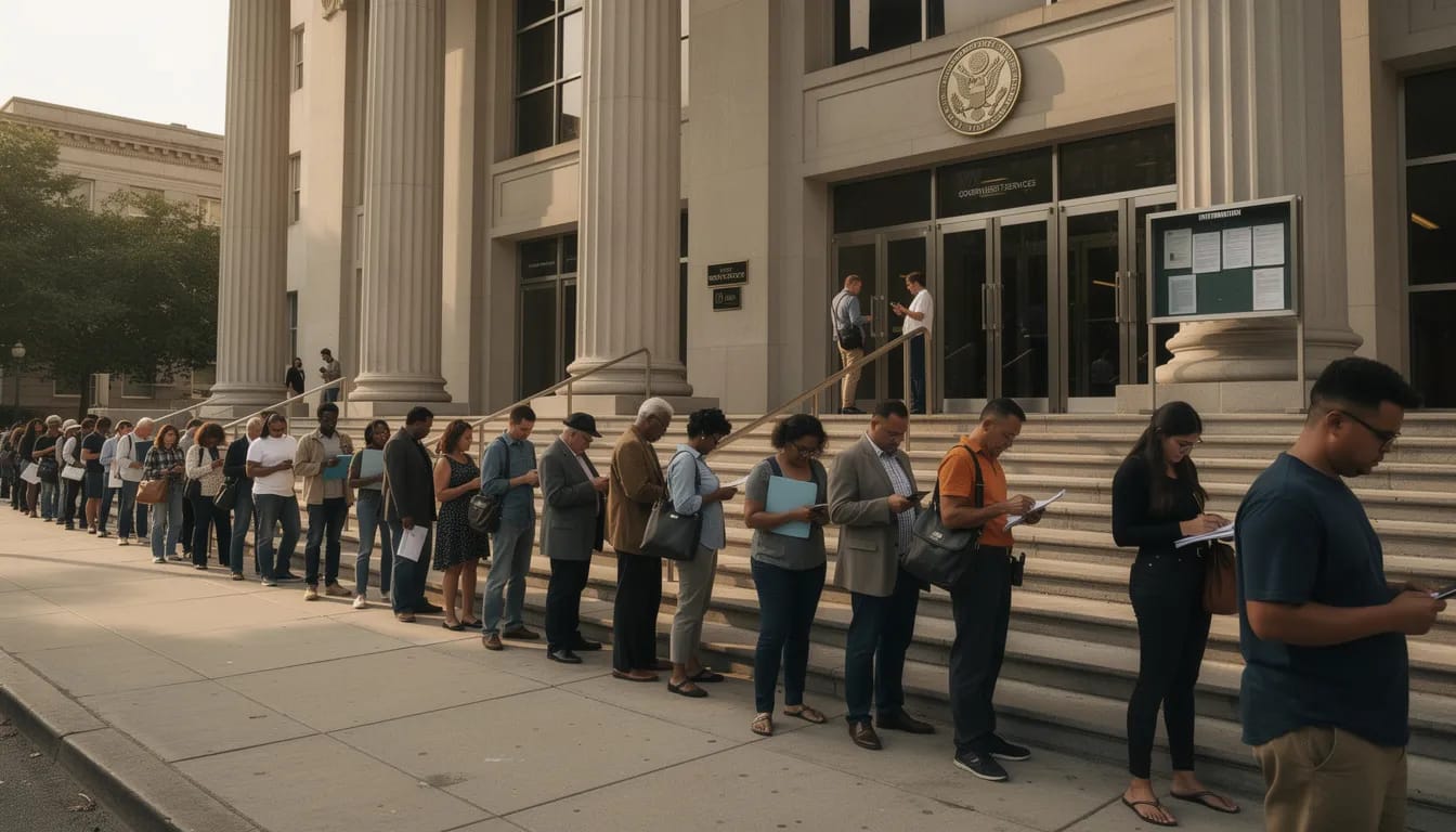 A long queue of people stands outside the Italian consulate general located at 500 North Michigan Avenue, Chicago, IL, as they await consular services related to passports and visas. The scene captures the anticipation of citizens seeking assistance at this official government building.