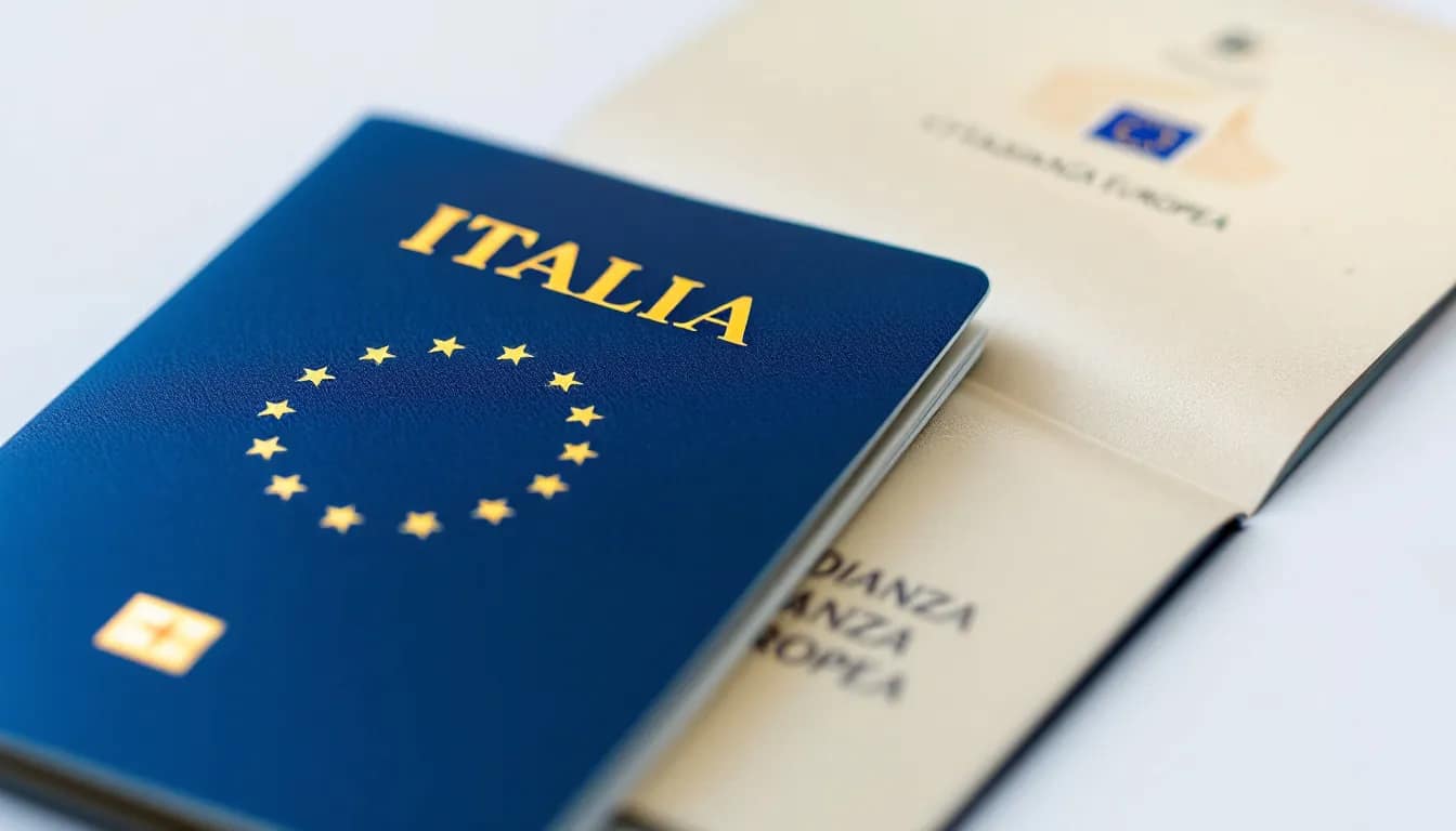 An Italian passport is displayed alongside symbols representing EU citizenship benefits, highlighting the advantages of the Italian golden visa program, such as visa-free travel and the potential for obtaining Italian citizenship through significant financial investment.