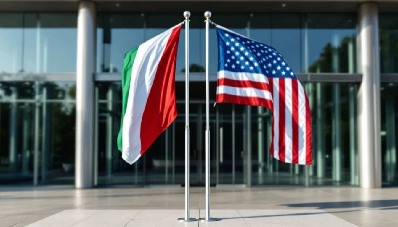 The image shows the Italian and American flags displayed side by side at the entrance of the Consulate General of Italy, located at 690 Park Ave, New York, NY. This setting symbolizes the diplomatic relationship between Italy and the United States.