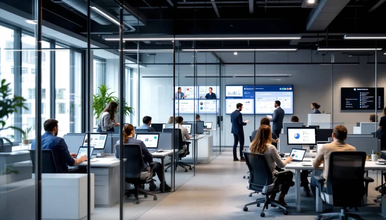The image depicts a modern office space designed for professional consular services, featuring digital communication tools and a welcoming environment. This setting is representative of the Consulate General of Italy in Miami, located at 590 Coral Gables, FL, emphasizing international cooperation and foreign affairs.