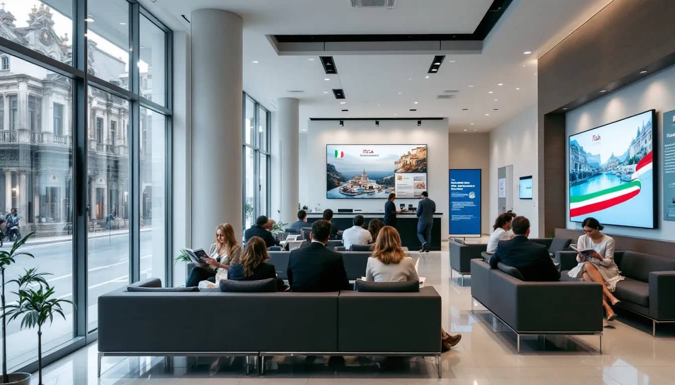 A modern waiting area at the Italian consulate features people seated and standing, surrounded by displays showcasing Italian culture, including art and informational materials about Italy. The atmosphere reflects a blend of professionalism and warmth, typical of the consulate general of Italy located at 690 Park Ave, New York, NY.