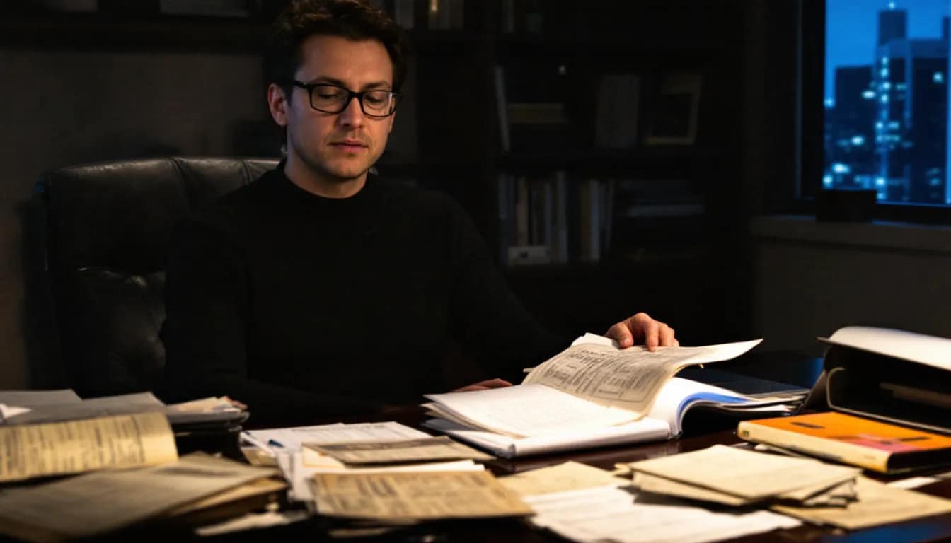 A person is sitting at a desk, carefully reviewing historical immigration documents, including birth certificates and marriage certificates, to claim Italian citizenship by descent. The scene reflects the process of obtaining Italian citizenship through vital records and the importance of tracing one's Italian ancestry.