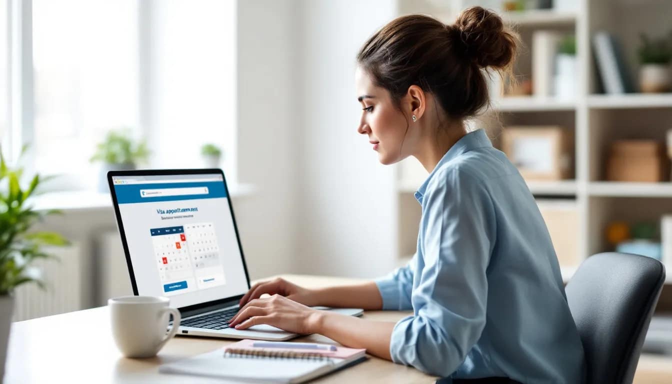 Italy Visa Appointment: Complete Guide to Booking and Confirmation 1 A person is sitting at a desk, focused on their laptop as they navigate a website to book an appointment for a Schengen visa application. They are likely entering personal details and following instructions to schedule their visa appointment at the consulate or embassy for their upcoming visit to Italy.