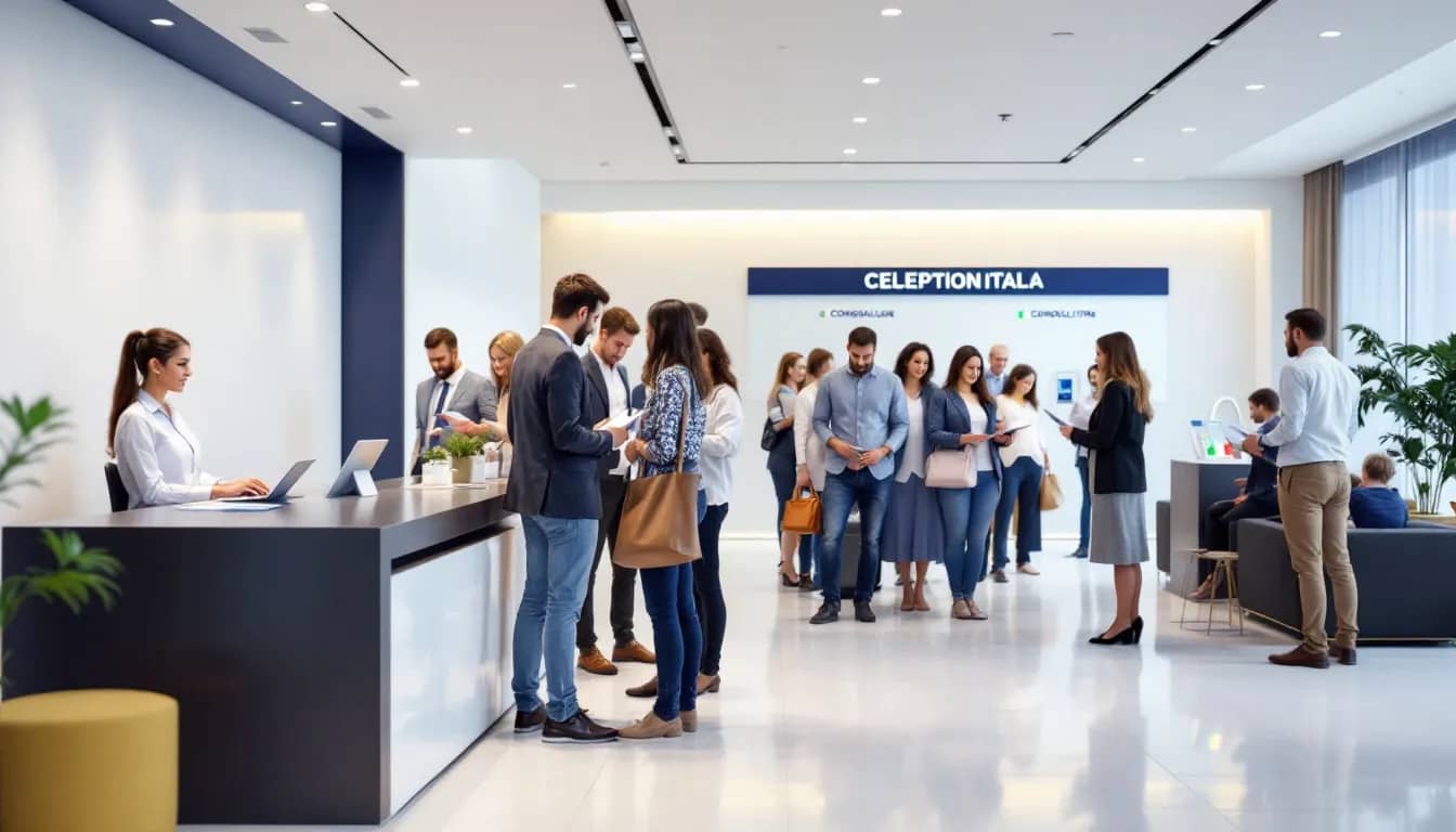 The image depicts Italian citizens receiving assistance at the modern Consulate General of Italy located in Coral Gables, Miami. The office features a welcoming environment where individuals can file appointments and receive important information related to their foreign affairs.