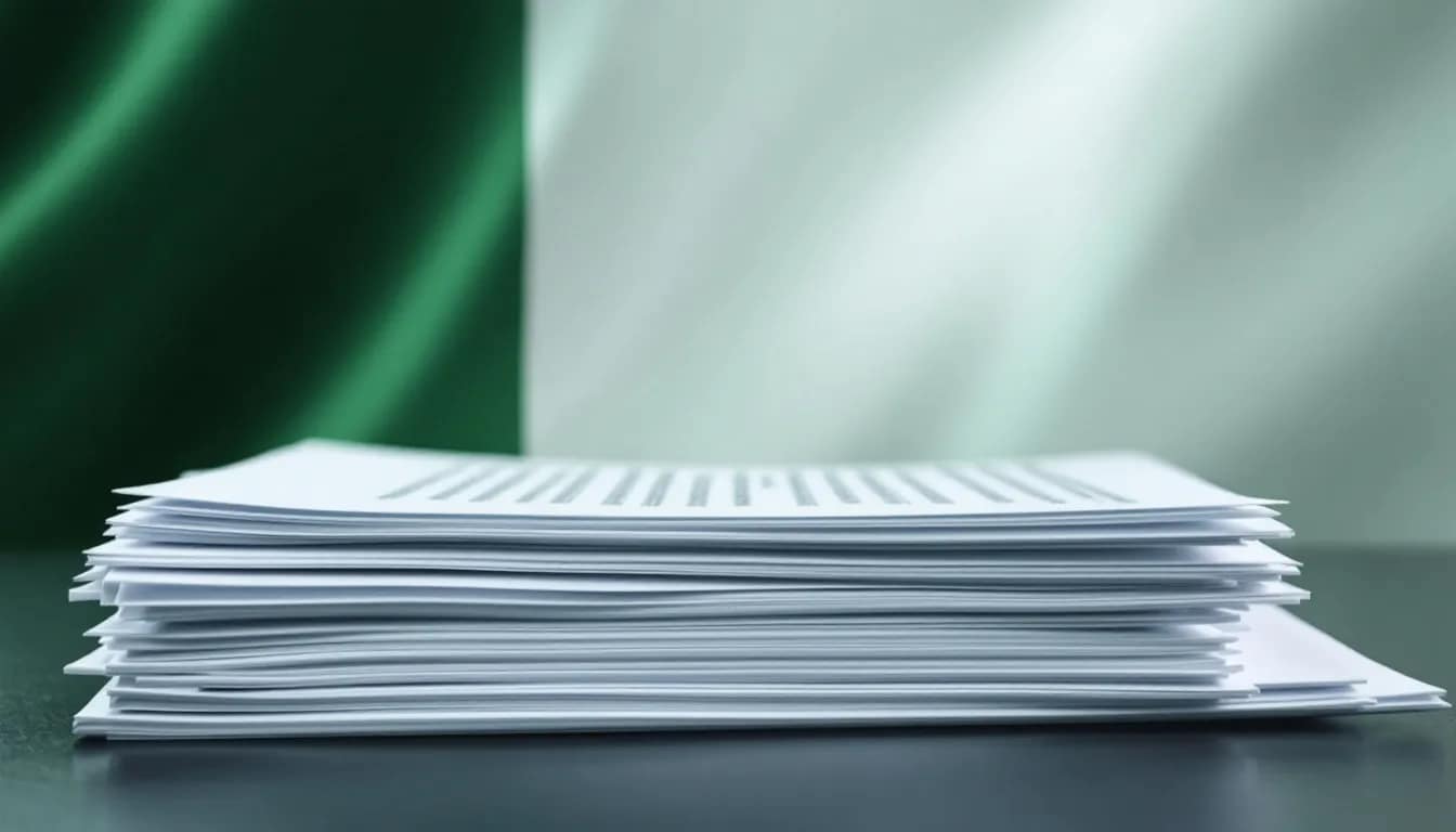 A stack of official documents is prominently displayed against a backdrop featuring the colors of the Italian flag, symbolizing the Italy golden visa program and the process for obtaining Italian citizenship through investment. The image evokes themes of legal residency and the necessary documentation for foreign investors seeking to enter Italy.