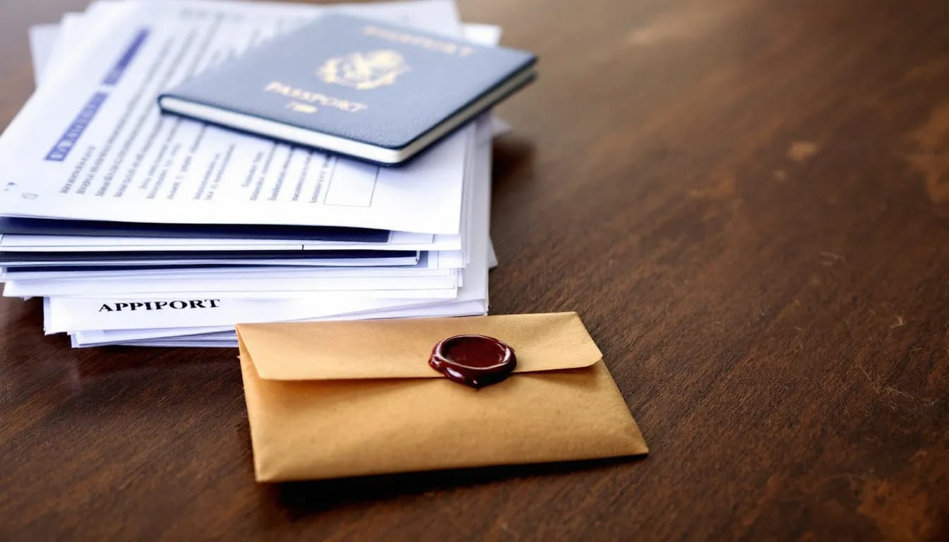The image shows a stack of official documents, including a passport and various visa application forms, which are essential for applicants residing in Italy to submit for their Schengen visa appointment. Please note that these documents must be presented at the consulate general during the scheduled appointment for processing.