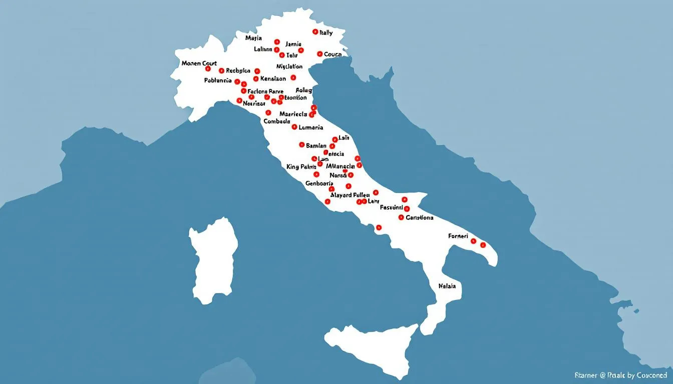 The image features a map of Italy with various court locations highlighted, illustrating the nationwide scope of legal challenges related to Italian citizenship law. It emphasizes the importance of Italian courts in processing claims for citizenship by descent, particularly for individuals with Italian ancestors seeking to acquire or recognize their Italian citizenship rights.