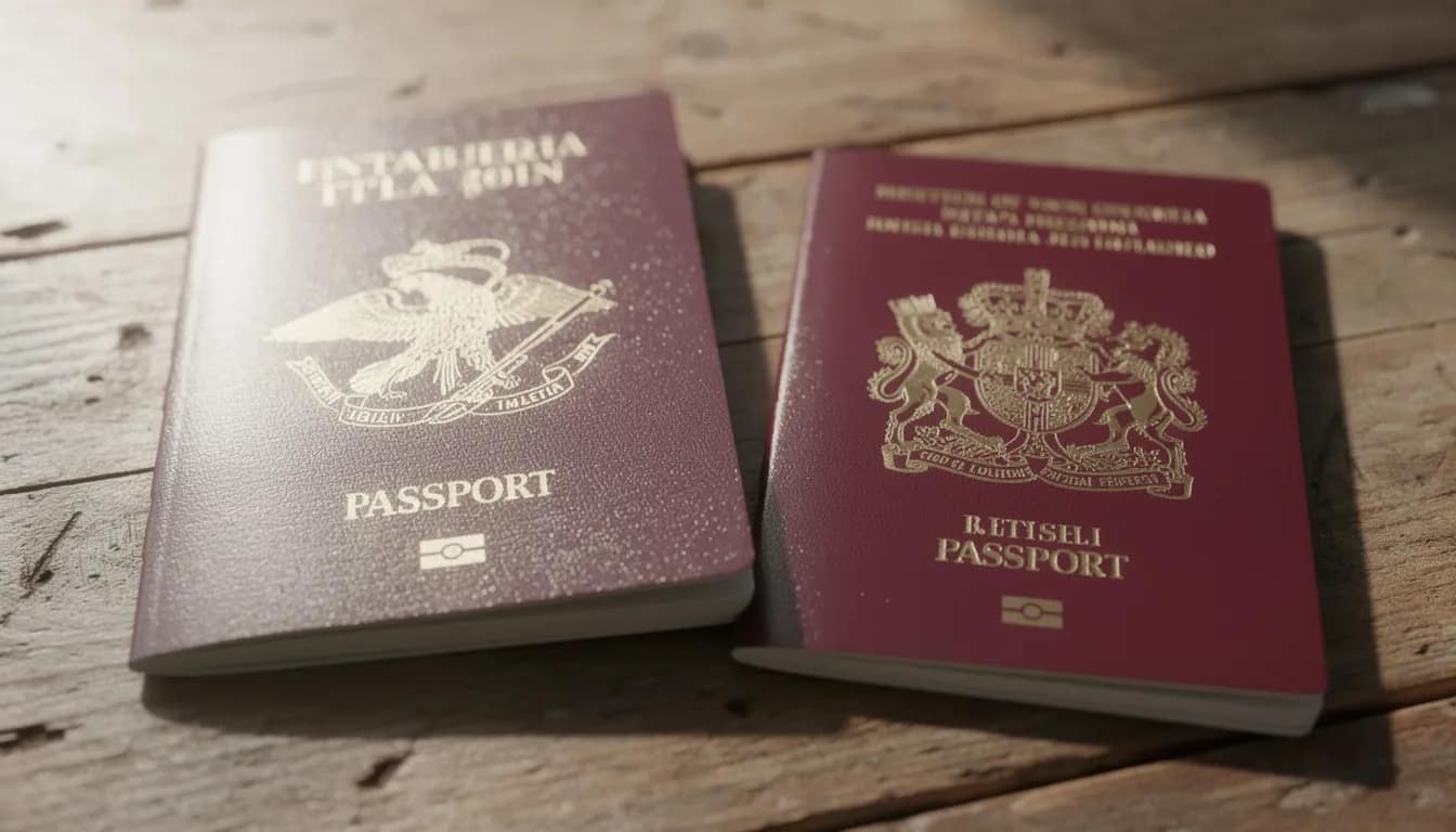 Italian British Dual Citizenship in 2026: Your Complete Guide to Recognition via Consulate or Court 1 The image shows an Italian passport and a British passport neatly placed on a wooden table, symbolizing the concept of dual citizenship. This representation highlights the connection between Italian and British citizenship, particularly for those navigating the process of obtaining Italian dual citizenship through ancestry or other means.