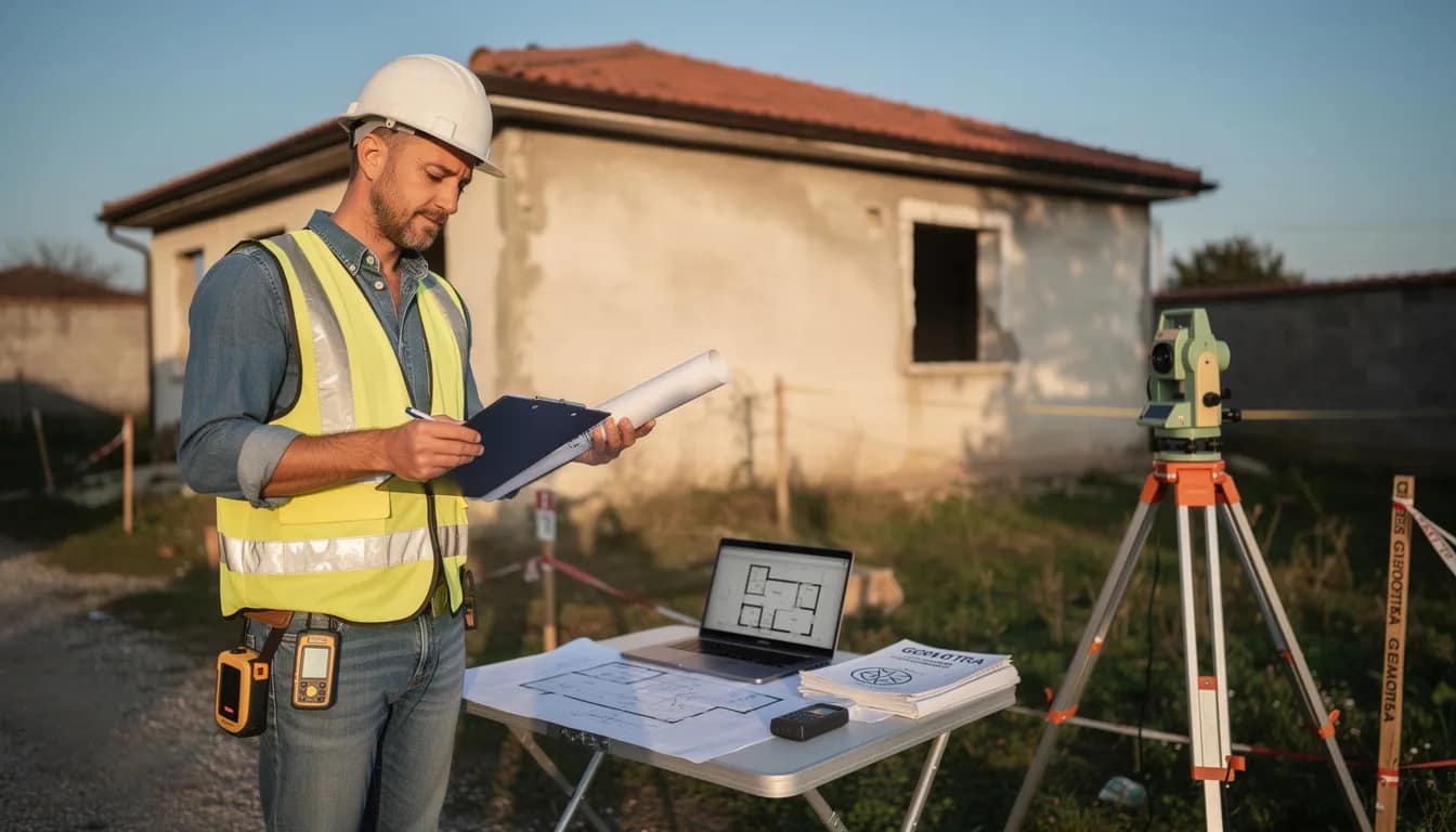 Italy Real Estate Lawyer: Independent Legal Advice in 2026 for Foreign Buyers 2 An Italian geometra surveyor is carefully examining building plans and documents at a property site, ensuring that all aspects comply with local building regulations. This due diligence process is crucial for foreign investors looking to navigate the Italian property market and successfully purchase real estate in Italy.