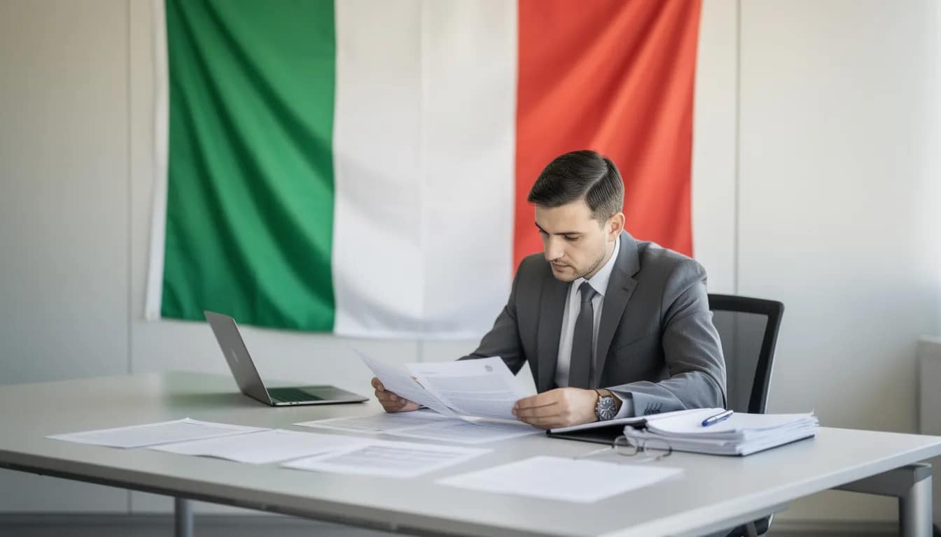 Relocating to Italy from US: Visas, Citizenship & Legal Considerations in 2026 2 A professional is seated at a desk, intently reviewing documents, while an Italian flag prominently displays in the background, symbolizing the connection to relocating to Italy from the US. This scene suggests a focus on matters related to Italian citizenship, visas, or residency permits, reflecting the interests of those considering a move to Italy.