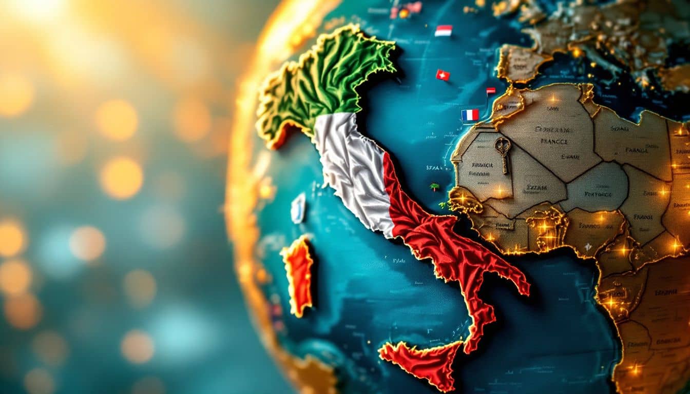 A globe highlighting Italy and various countries for dual citizenship.