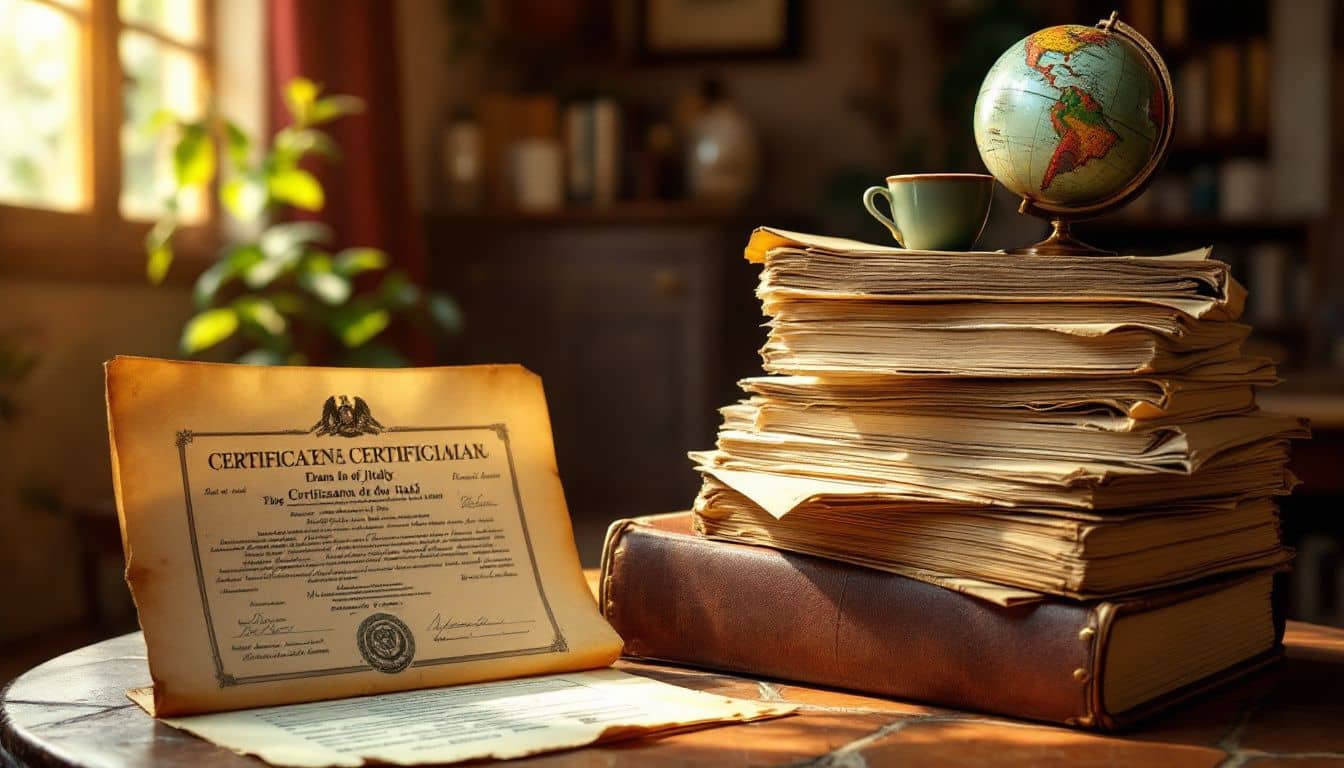 An organized stack of documents required for Italian citizenship applications.