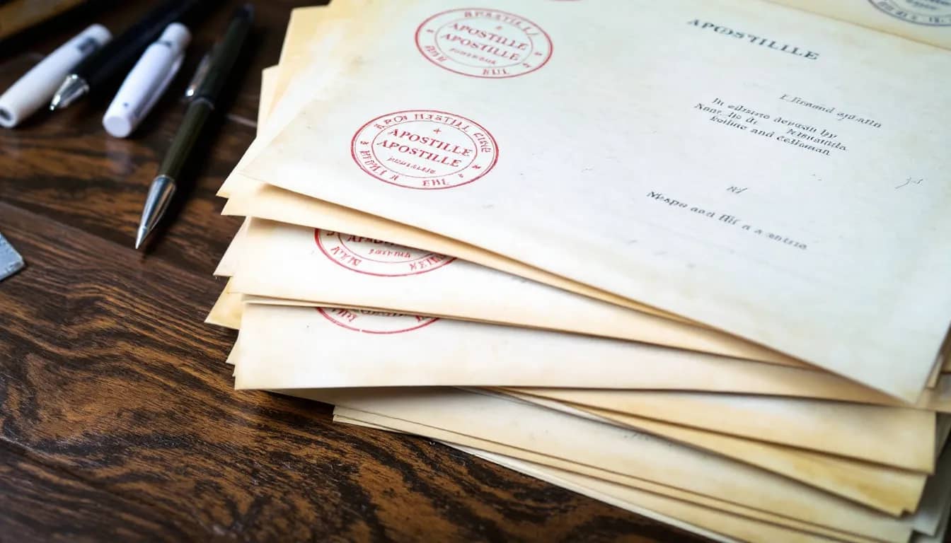 The image shows a stack of official documents, prominently featuring apostille stamps and translations, which are essential for those applying for Italian citizenship or dual citizenship. This collection may include vital records such as birth certificates and marriage certificates, necessary for the dual citizenship application process.