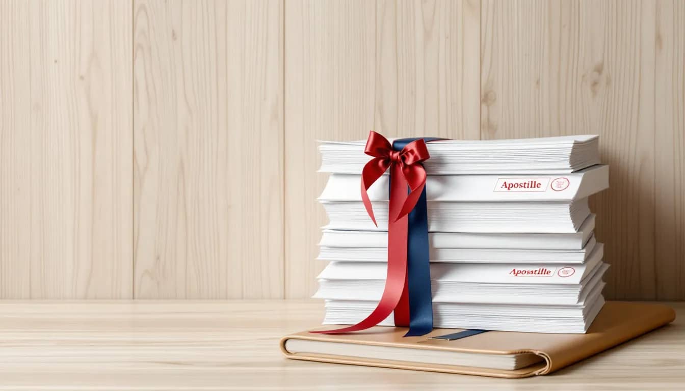 The image depicts a stack of official documents, including birth certificates, marriage certificates, and death certificates, all adorned with apostille seals and colorful ribbons, symbolizing the necessary documentation for claiming Italian citizenship by descent. These vital records are essential for individuals seeking to obtain Italian citizenship through their ancestors.