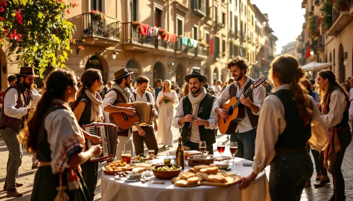 A group of students is engaged in an Italian cultural event, showcasing traditional elements such as music, dance, and cuisine. The event reflects the vibrant culture of Italy, organized by the Italian Consulate in Miami, fostering international cooperation and cultural exchange.