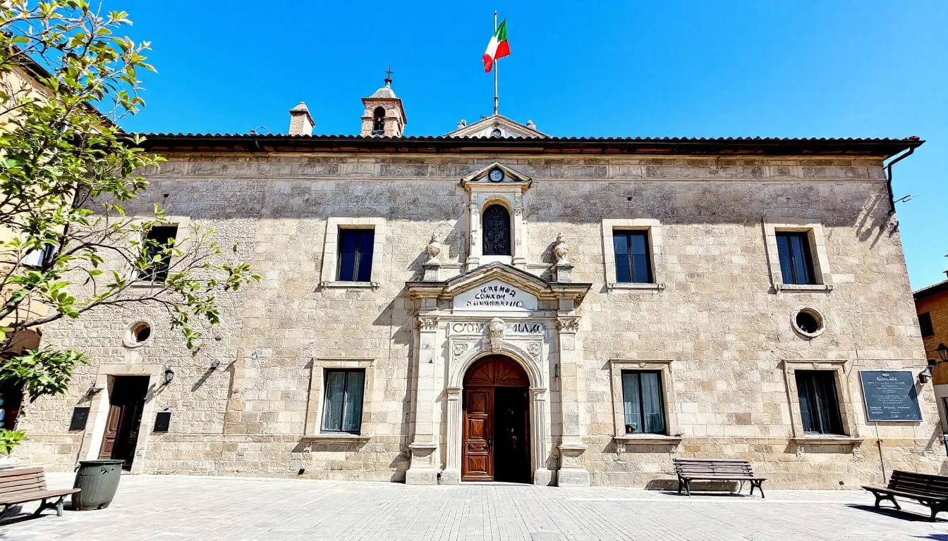 The image depicts an Italian comune building adorned with official government flags, symbolizing the authority of Italian municipalities. This setting is often where individuals gather to obtain vital records such as birth certificates and marriage certificates, essential for claiming Italian citizenship by descent.