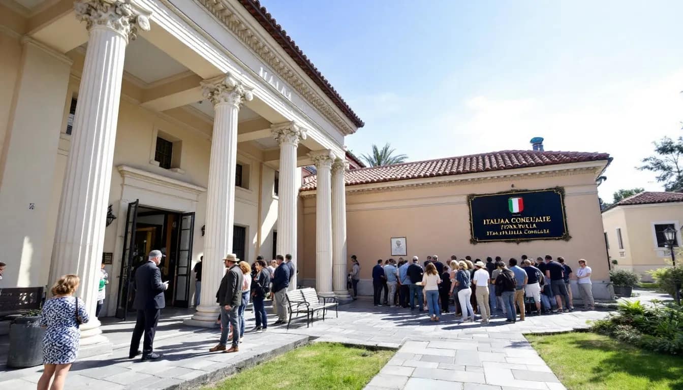 The image shows the exterior of an Italian consulate building where several people are waiting outside, likely for their appointments related to applying for Italian citizenship or obtaining necessary documents like birth certificates. The scene reflects the busy atmosphere of individuals seeking to navigate the process of becoming Italian citizens or claiming their Italian ancestry.