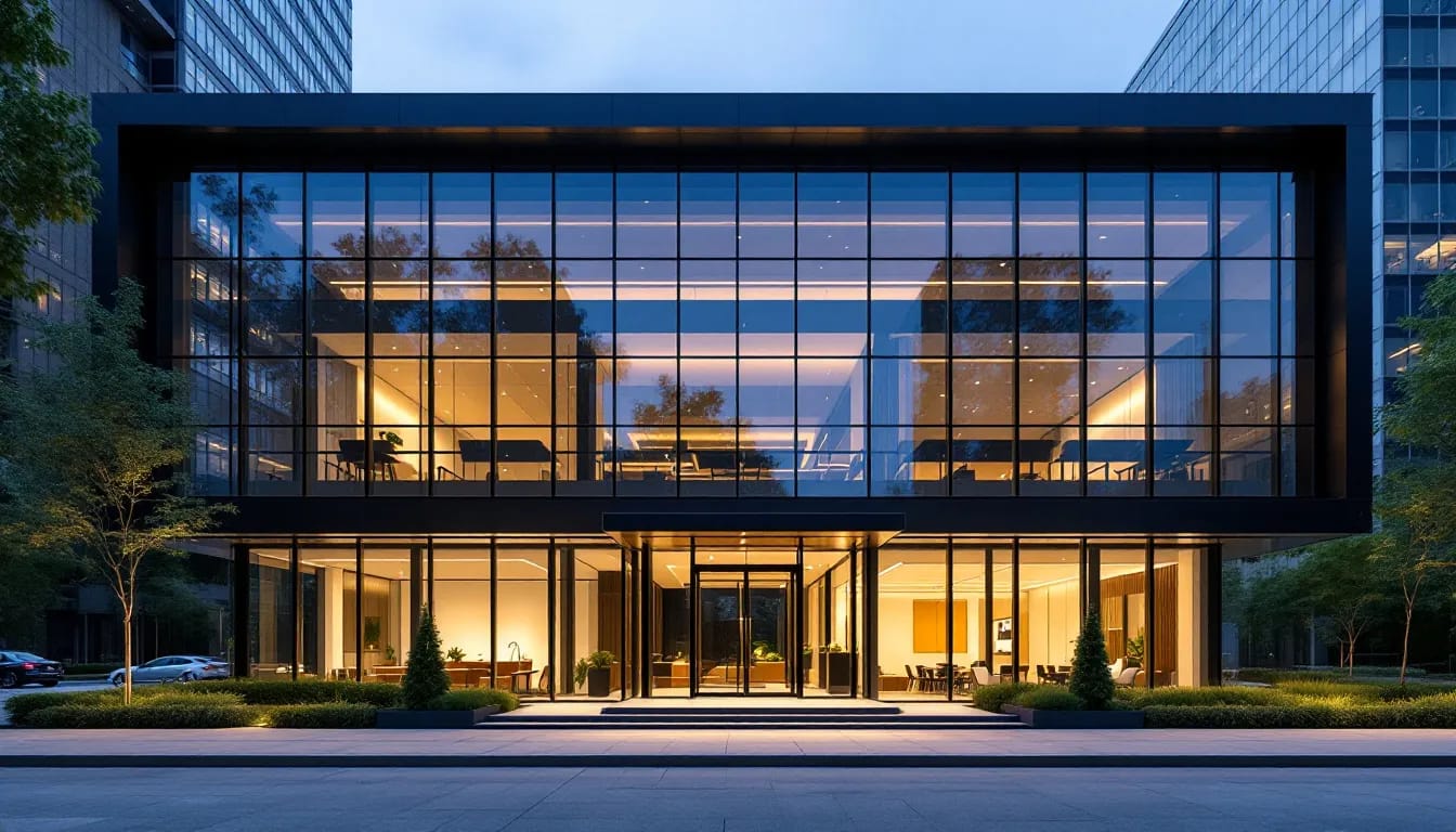 The image shows the exterior of a modern visa application center, featuring a sleek design with large glass windows and a welcoming entrance. This building serves as a hub for applicants looking to submit their visa applications and book appointments for various visa types, including the Schengen visa for Italy.