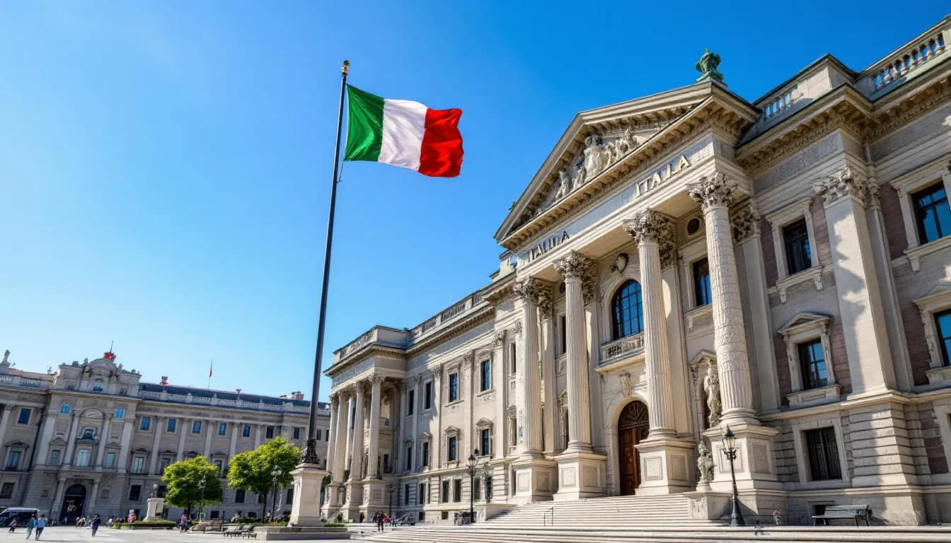 The image depicts an Italian government building prominently displaying the national flag. This location is significant for those seeking to obtain Italian citizenship, as it often serves as a local Italian consulate where applications and inquiries about dual citizenship can be processed.