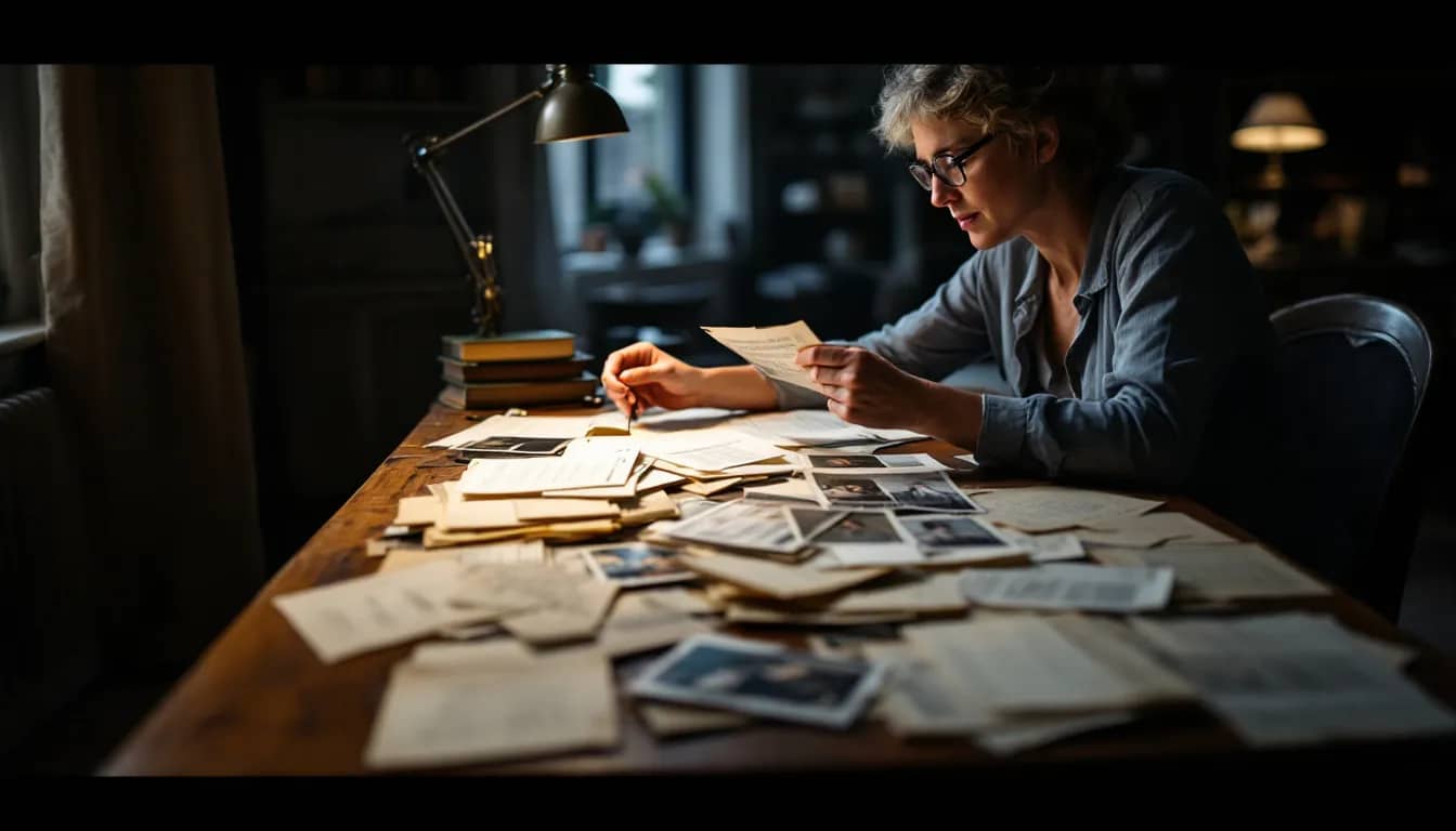 A person is closely examining a collection of old family documents and photographs spread out on a table, possibly searching for evidence of their Italian ancestry to apply for Italian dual citizenship. The documents may include birth certificates, marriage certificates, and other important records needed for the citizenship application process.