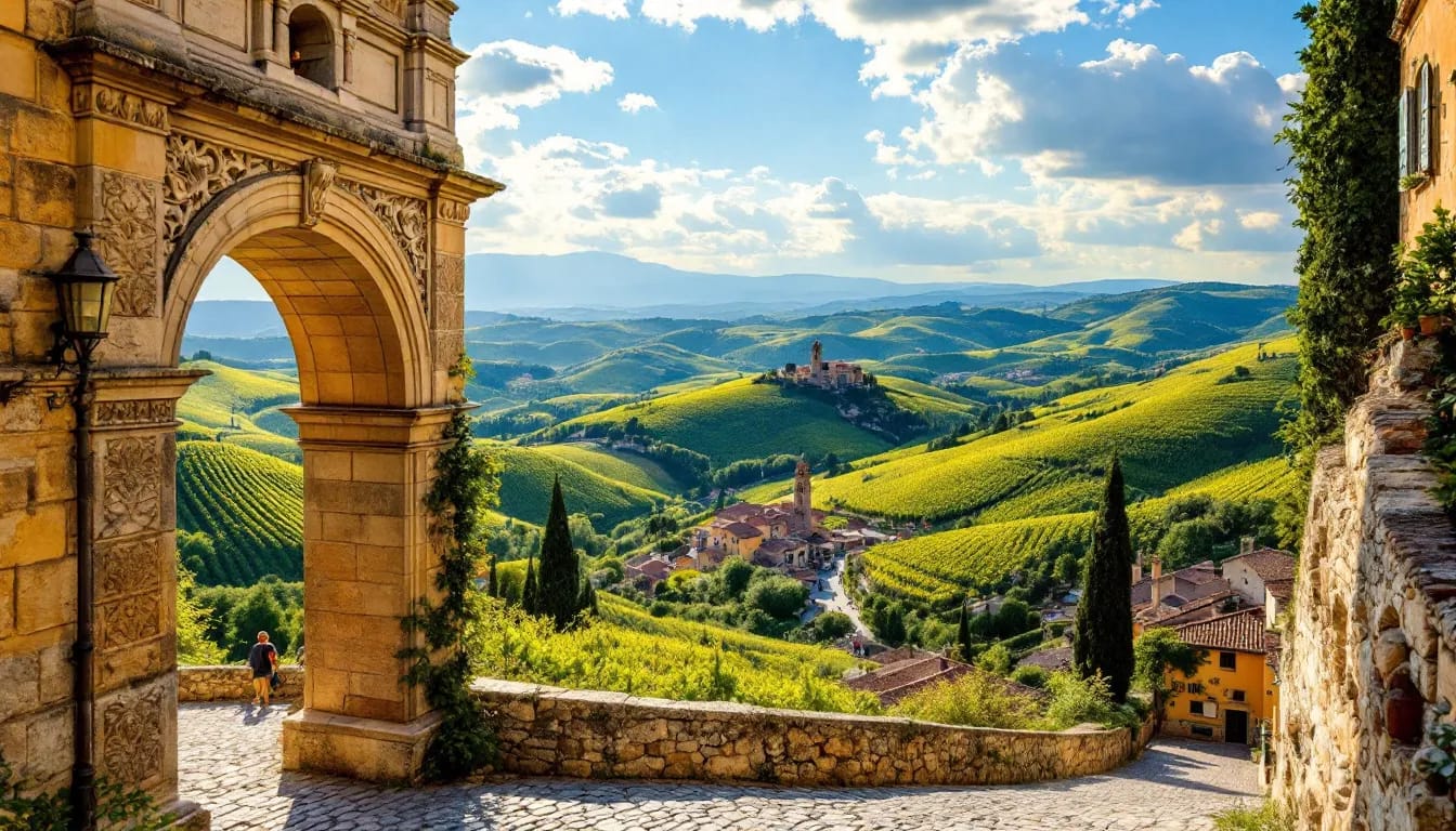 The image depicts the stunning Italian countryside, showcasing rolling green hills dotted with historic architecture, including charming villas and ancient stone buildings. This picturesque landscape embodies the allure of Italy, attracting foreign investors interested in the Italy golden visa program and its benefits for obtaining Italian citizenship or residency.