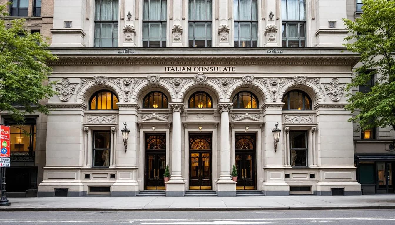 The image shows the historic facade of the Italian Consulate located at 690 Park Avenue, New York, showcasing elegant early 20th-century architecture with intricate details and a grand entrance. This prominent building represents the Consulate General of Italy and reflects the rich cultural heritage of Italy in New York.