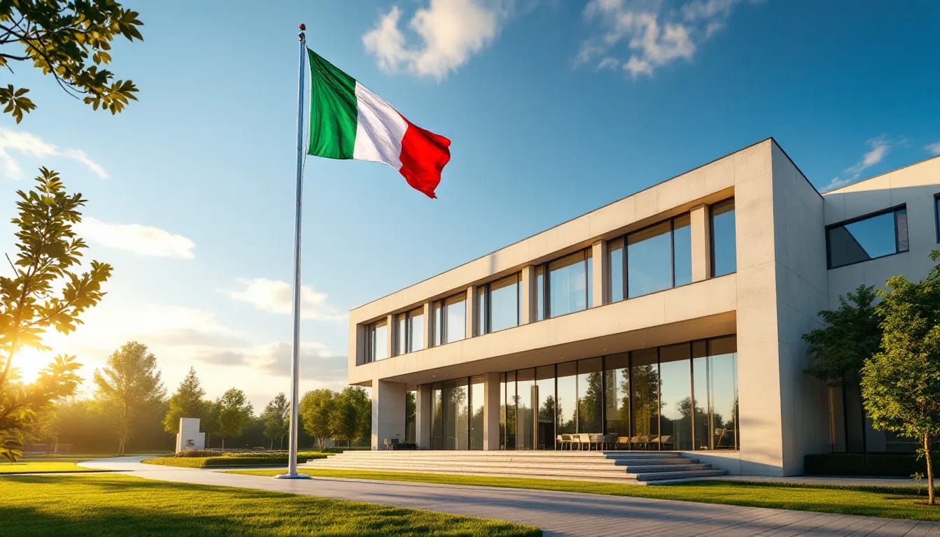 The image depicts the exterior of an Italian consulate building, prominently featuring the Italian flag waving in the breeze. This location serves as a hub for individuals seeking assistance with the Italian citizenship process, including applications for Italian dual citizenship based on ancestry.