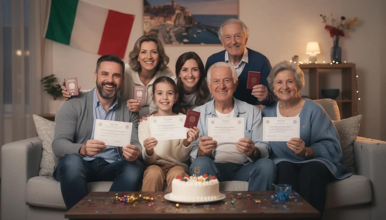 A joyful family is gathered together, proudly holding their Italian passports and citizenship certificates, symbolizing their successful journey in claiming Italian citizenship by descent. This moment reflects the fulfillment of their dreams of obtaining Italian dual citizenship, celebrating their connection to their Italian ancestors.