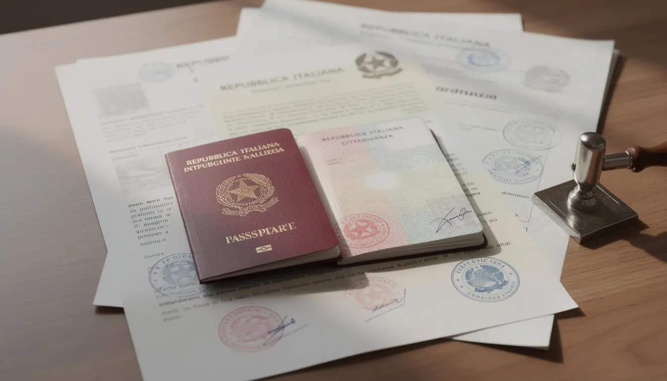 An Italian passport and various citizenship documents are neatly arranged on a desk, showcasing official seals that signify their authenticity. This image represents the process of obtaining Italian citizenship, which may involve essential documents such as marriage certificates, birth records, and naturalization records for those claiming Italian citizenship by descent.