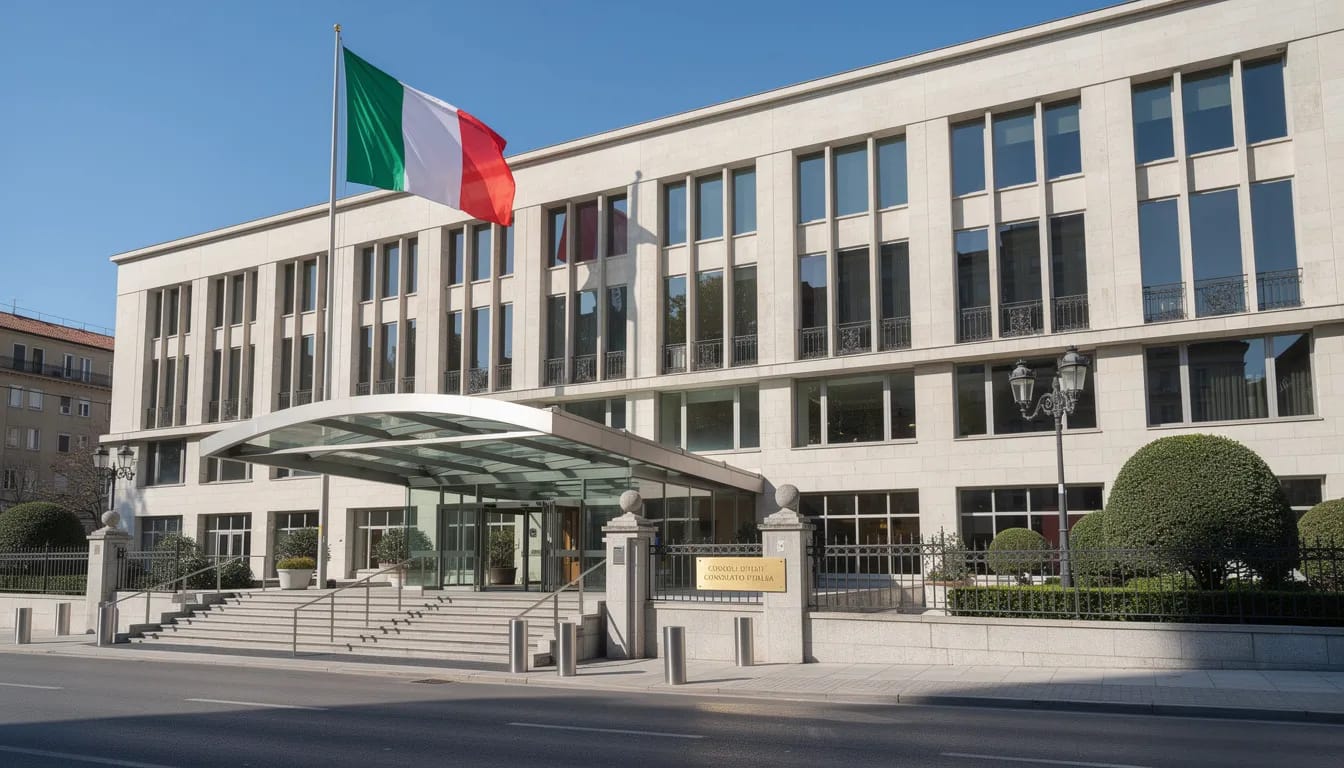 The image depicts the Italian consulate building, prominently featuring the official Italian flag at the entrance. This location serves as a vital hub for individuals seeking to obtain Italian citizenship or dual citizenship services, including assistance with vital records and documentation needed for claiming Italian citizenship by descent.