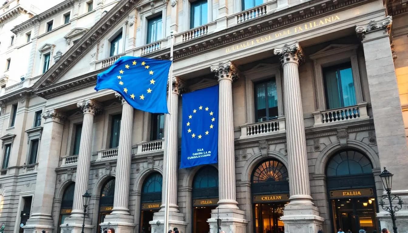 The image depicts a prominent Italian legal building adorned with the European Union flag, symbolizing the integration of Italian law with European regulations. This representation highlights the importance of Italian citizenship law and its connection to both national and EU legal frameworks.