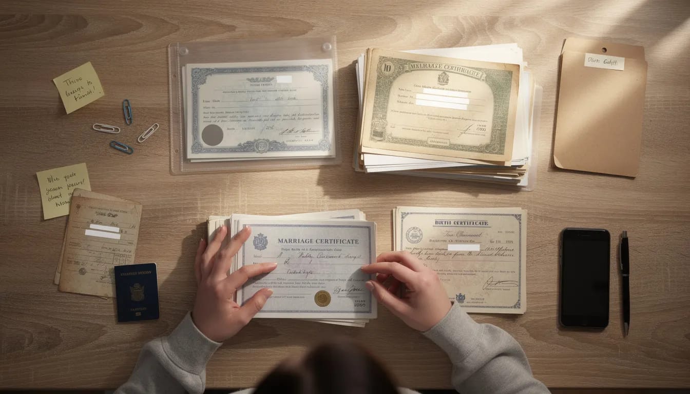 A person is seen organizing various family documents and certificates, such as birth and marriage records, on a wooden table. This meticulous arrangement likely includes vital records needed for claiming Italian citizenship by descent, highlighting the importance of proper documentation in the process of obtaining Italian dual citizenship.