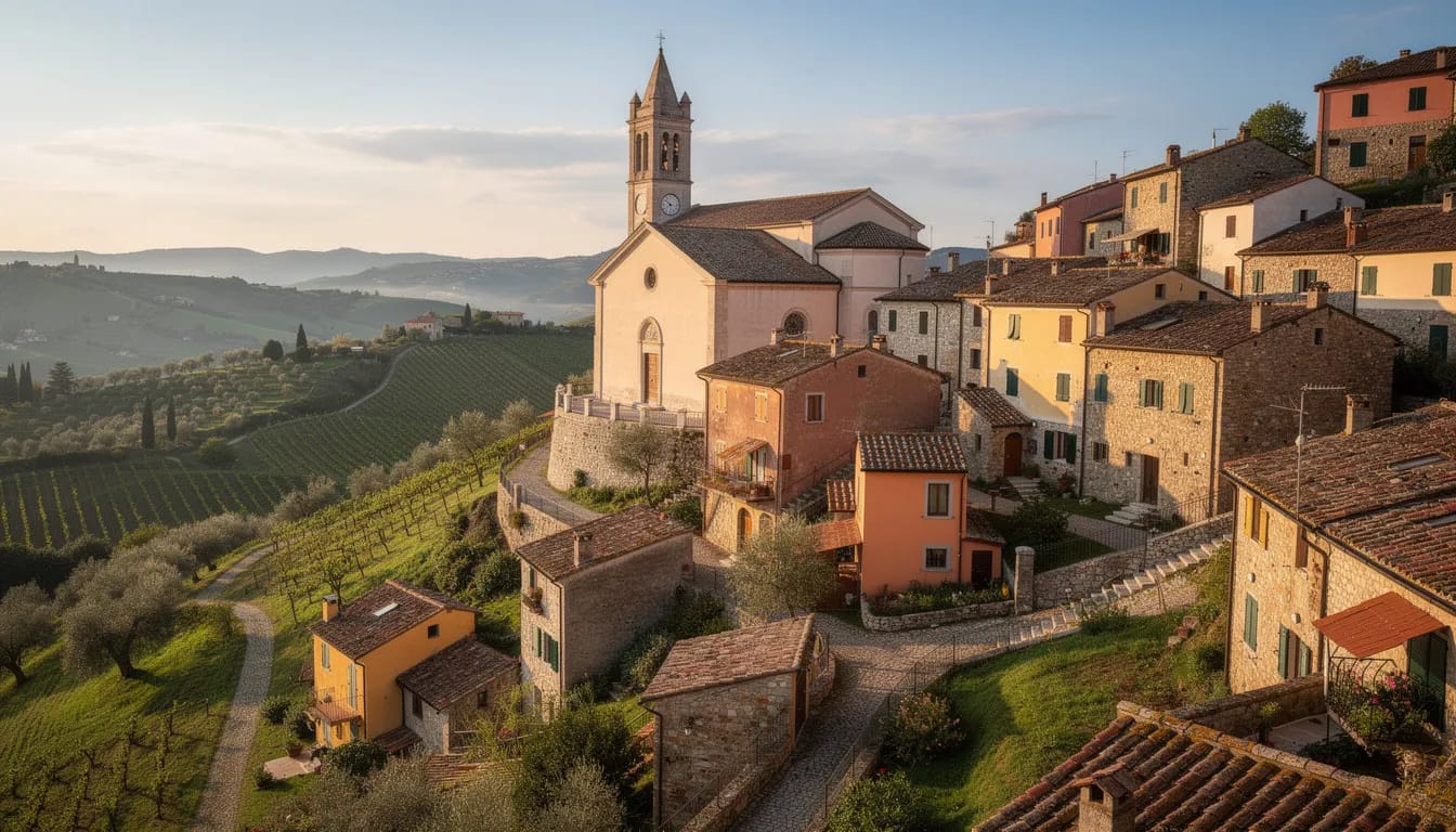 Retire in Italy Visa: Elective Residence Visa Guide for 2026 4 The image depicts a picturesque traditional Italian hillside village adorned with charming terracotta rooftops and a prominent church bell tower, embodying the essence of Italian culture and lifestyle. This serene setting is an ideal representation of the kind of environment where one might consider applying for an Italian retirement visa to enjoy la dolce vita.