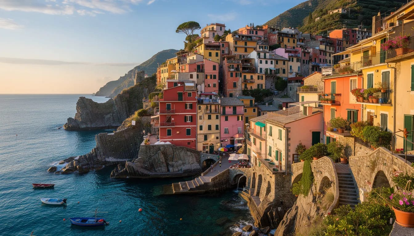 The image depicts a picturesque Italian coastal village, where vibrant buildings are stacked on a hillside, leading down to the serene blue waters of the Mediterranean Sea. This charming scene reflects the essence of Italian lifestyle and culture, inviting those interested in retiring in Italy to consider the beautiful surroundings and the potential benefits of an Italian retirement visa.