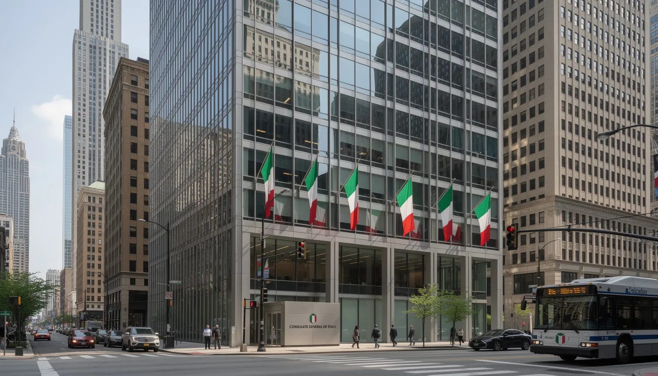 The image depicts a modern office building located at 500 North Michigan Avenue, Chicago, which houses the Italian Consulate General. The sleek architecture highlights the consulate's role in providing consular services, including passport matters and visa assistance for citizens in the Chicago area.
