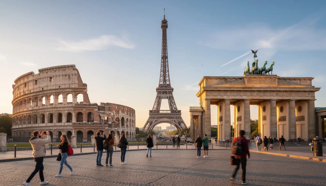 Italian British Dual Citizenship in 2026: Your Complete Guide to Recognition via Consulate or Court 2 The image showcases iconic European landmarks, including the Eiffel Tower in Paris, the Colosseum in Rome, and the Brandenburg Gate in Berlin, symbolizing the rich cultural heritage of the continent. These structures represent not only tourism but also the diverse pathways to citizenship, such as obtaining Italian dual citizenship or British citizenship, reflecting the interconnectedness of European nations.