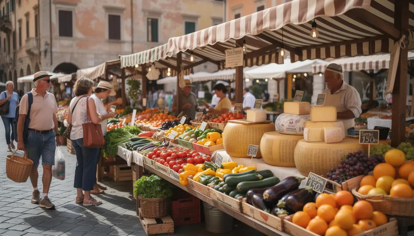Retire in Italy Visa: Elective Residence Visa Guide for 2026 5 The image depicts a vibrant Italian outdoor market bustling with local shoppers exploring stalls filled with fresh produce, artisanal cheeses, and other regional delicacies. This lively scene captures the essence of Italian culture and lifestyle, inviting those interested in the Italian elective residence visa to experience the rich offerings of southern Italy.