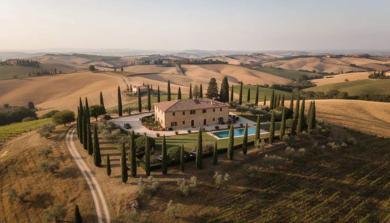 An aerial view showcases a rustic Italian countryside villa nestled among lush cypress trees and rolling hills, reflecting the charm of the Italian property market. This picturesque setting is ideal for potential buyers considering purchasing property in Italy, emphasizing the importance of legal assistance and understanding the due diligence process in real estate transactions.