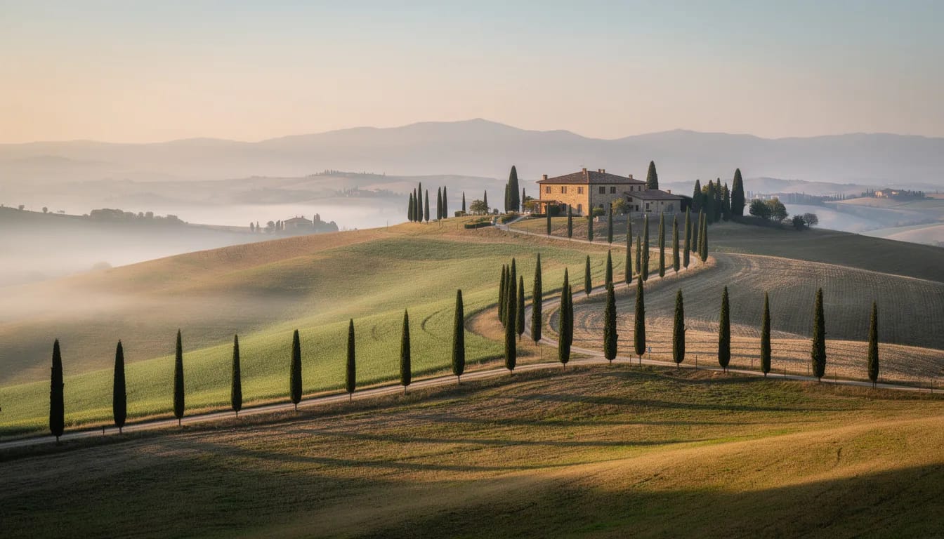 The image showcases a breathtaking panoramic view of rolling Tuscan hills, dotted with cypress trees and featuring a luxurious Italian villa in the distance. This beautiful villa is set in a peaceful location, surrounded by olive groves and offers stunning outdoor spaces, making it a perfect property for those seeking a private residence in the Italian countryside.