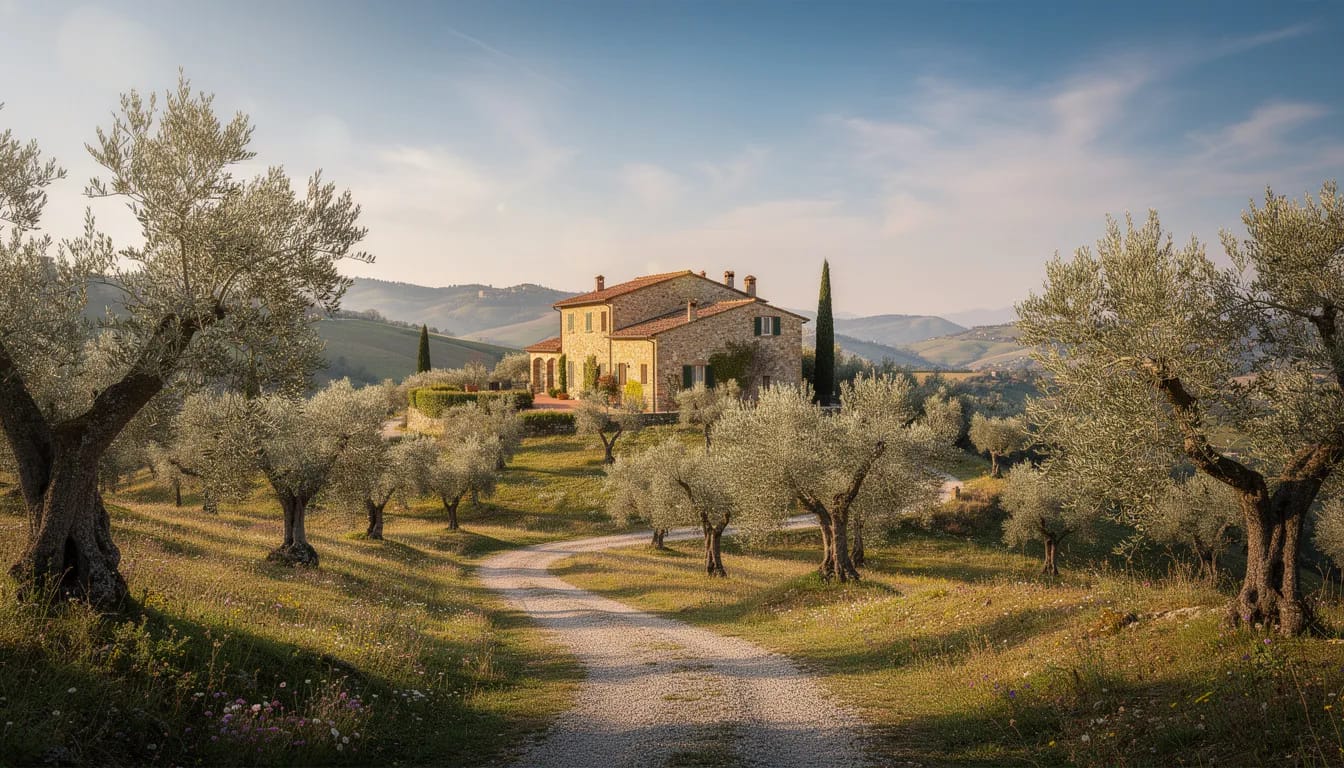 A charming Italian countryside villa is nestled among lush olive trees and gentle rolling hills, under a bright blue sky. This property features a private garden and offers panoramic views, making it an ideal holiday home for those searching for real estate in Italy.