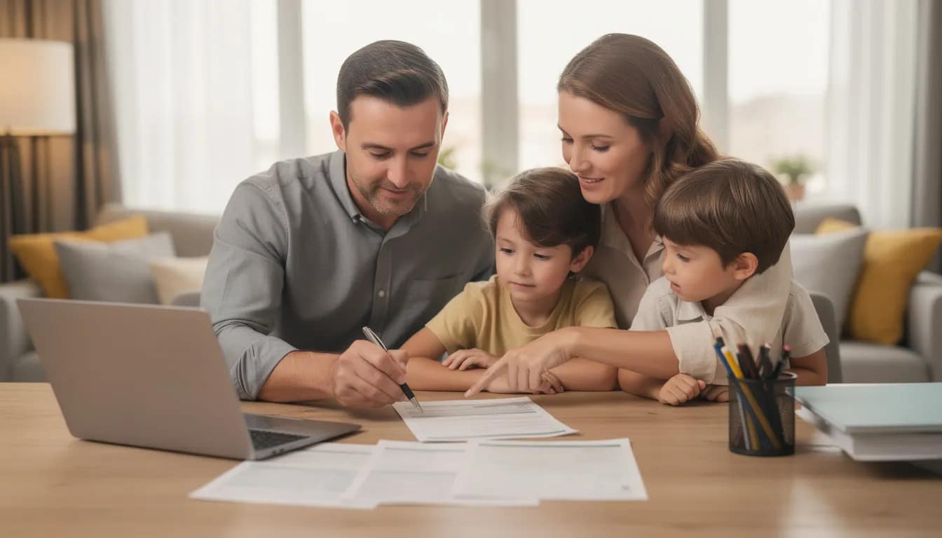 A family is gathered around a desk, reviewing important documents together, likely related to their application for Italian citizenship. The atmosphere is focused and collaborative as they discuss the necessary steps and deadlines for securing citizenship for minors born abroad to Italian citizens.