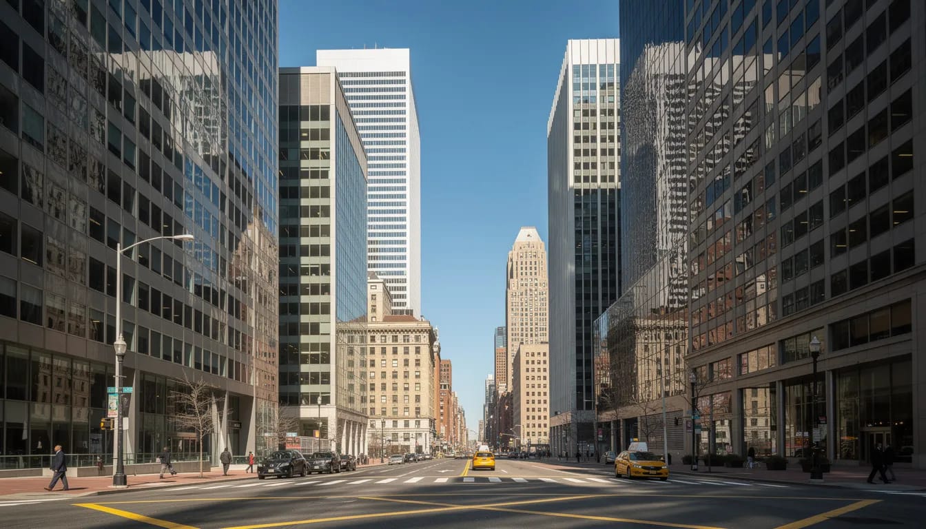 The image shows a vibrant view of the downtown Boston financial district, featuring sleek modern office buildings that dominate the skyline. This bustling area is a hub of business and commerce, reflecting the city's dynamic atmosphere.