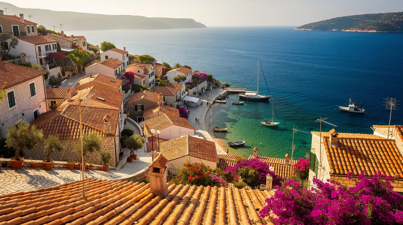 The image depicts a picturesque Mediterranean coastal town featuring charming terracotta rooftops that contrast beautifully with the vibrant blue sea. This scenic view evokes the essence of Italy, reminiscent of places that might be celebrated at the Italian consulate general in Los Angeles.