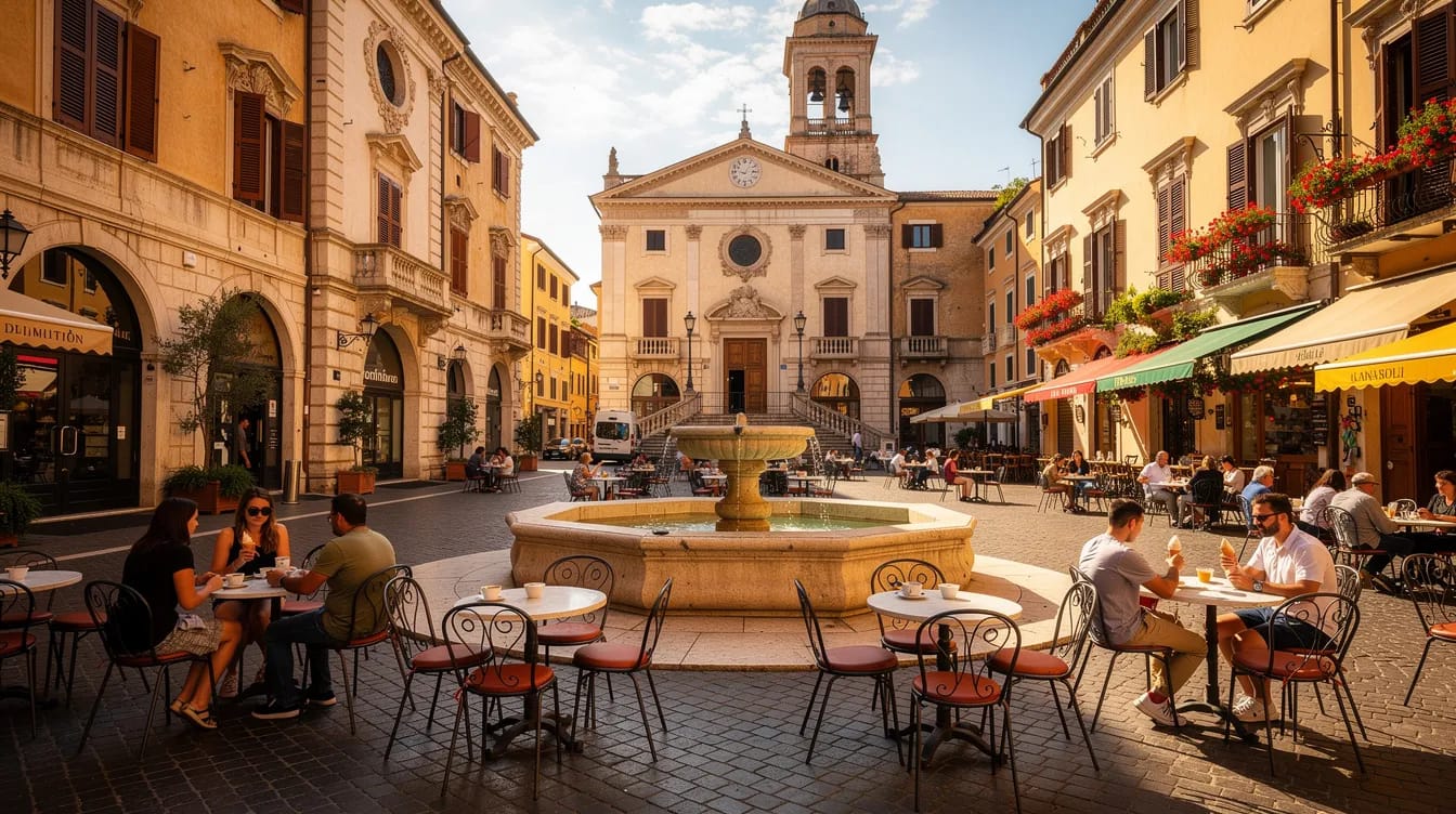 Italy Consulate Los Angeles: Investor Visa, Elective Residence Visa & Italian Citizenship 3 The image depicts a vibrant Italian piazza bathed in sunlight, featuring charming outdoor cafes and stunning historic architecture. This scene captures the essence of Italy, reminiscent of the atmosphere one might experience when visiting the Italian consulate in Los Angeles.