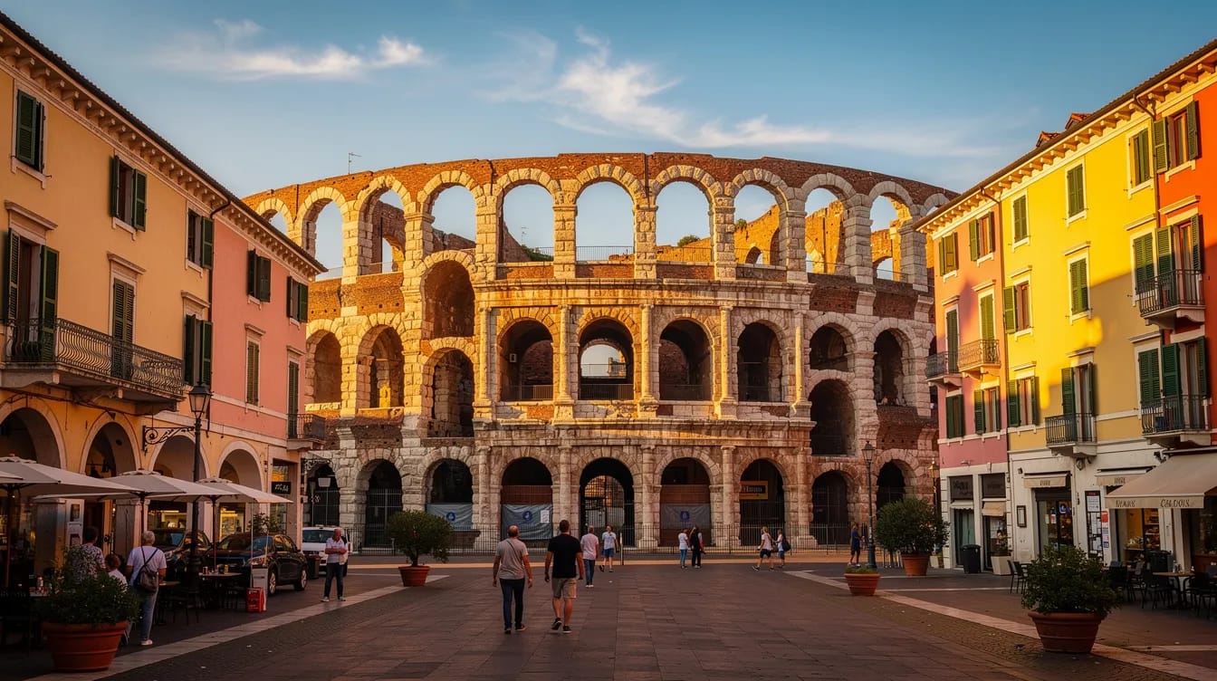 The image showcases the historic city of Verona, featuring the ancient Roman amphitheater surrounded by beautiful Italian architecture. This picturesque scene highlights the rich cultural heritage of Italy, which is also a popular destination for foreign investors seeking residency through the Italian golden visa program.