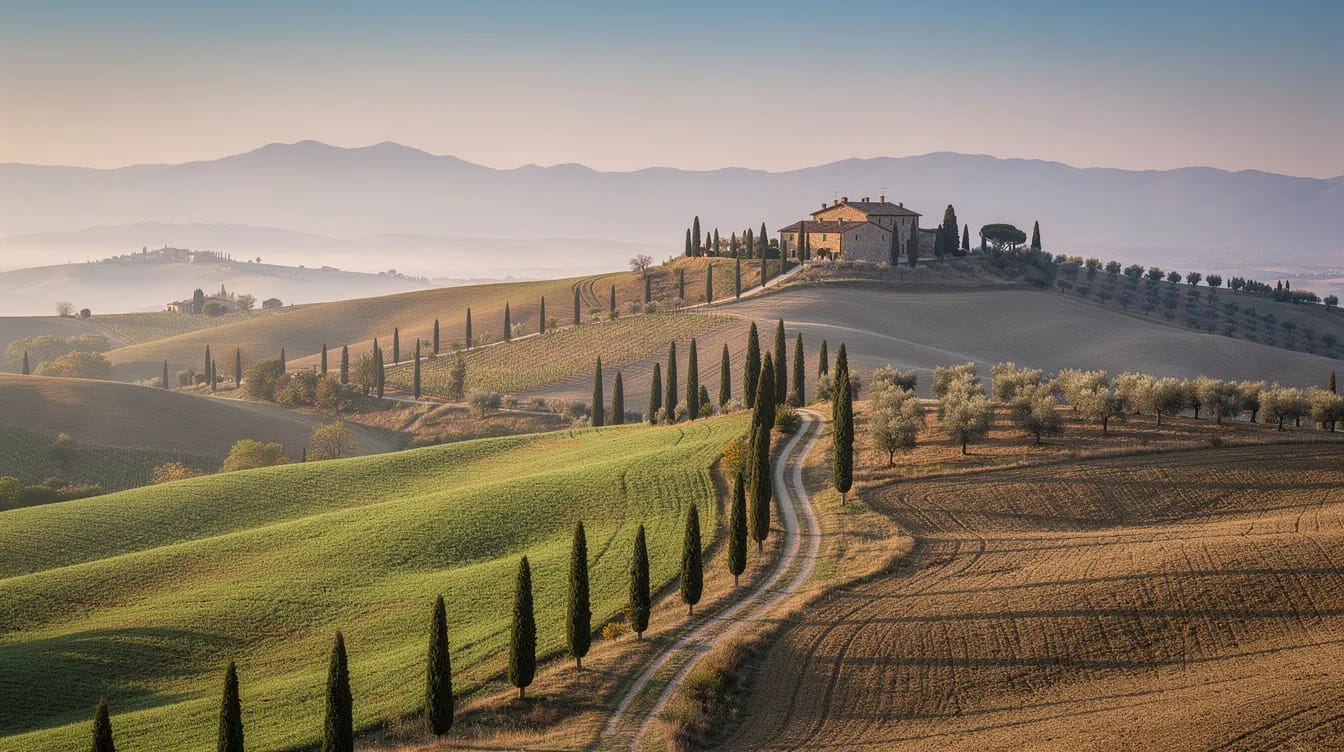 The image depicts rolling Tuscan hills adorned with cypress trees, leading to a charming stone farmhouse in the distance, embodying the picturesque countryside of central Tuscany. This splendid historic villa offers breathtaking views and is an ideal property for sale in Tuscany, perfect for those seeking a tranquil retreat.